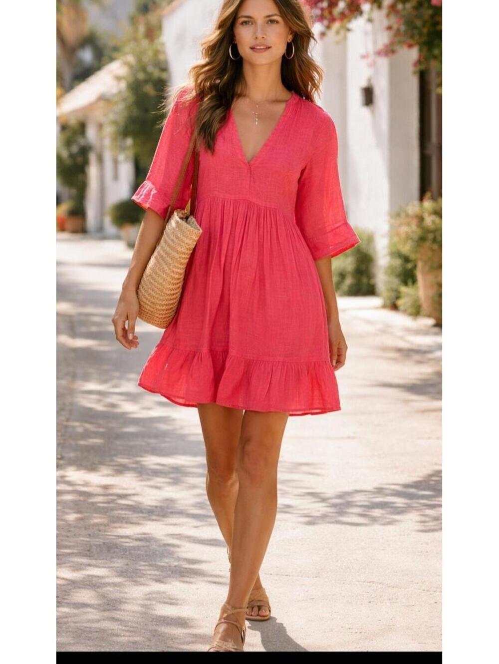 Sundance 100% Linen Tunic Dress Womens  Size PS Petite Small Coral Boho Peasant